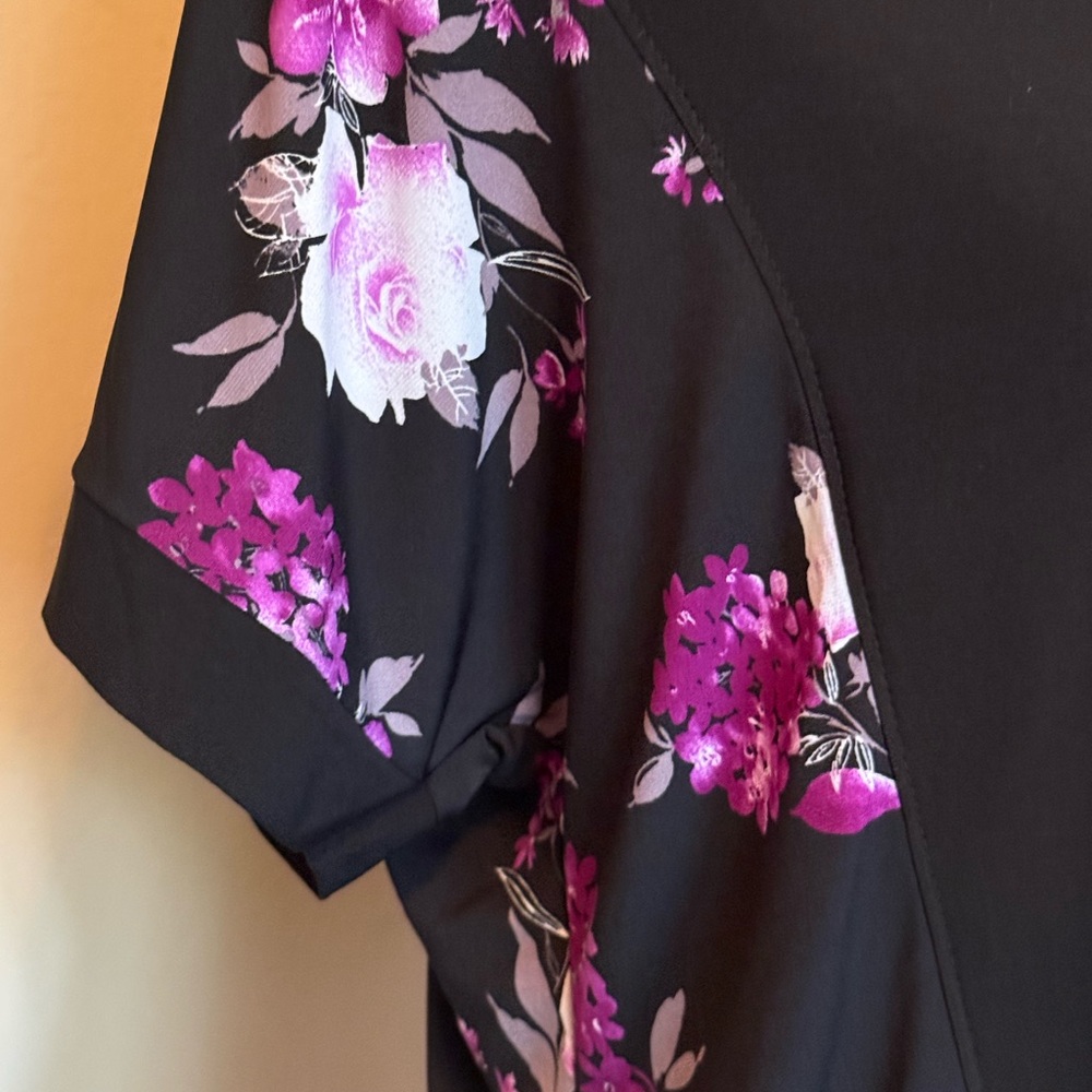Black Floral Button-Front Womens Top with Purple Floral Accents - Picture 2 of 7